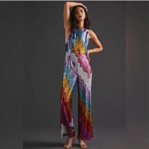 Anthropologie Hutch Abstract Sequin Jumpsuit Rainbow